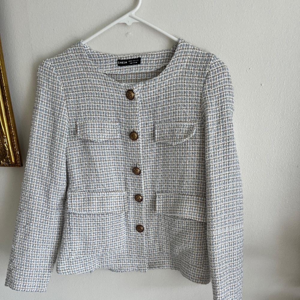 Tweeted blue and white collarless  blazer jacket